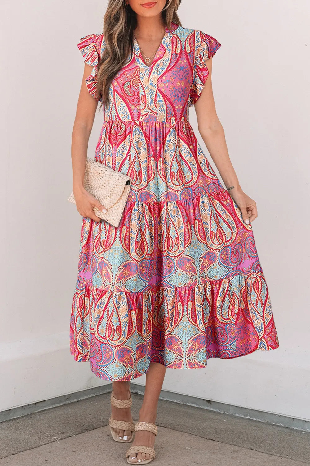 Tribal Paisley Print Ruffled Sleeve Notch Neck Midi Dress Promodesty Tribal Paisley Print Ruffled Sleeve Notch Neck Midi Dress Promodesty