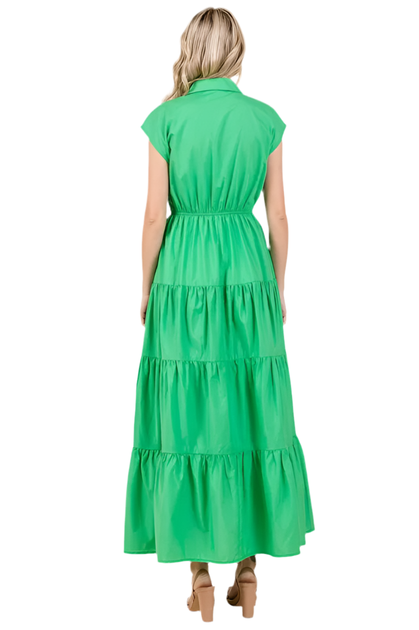 Mittoshop Button Up Collared Tiered Maxi Shirt Dress